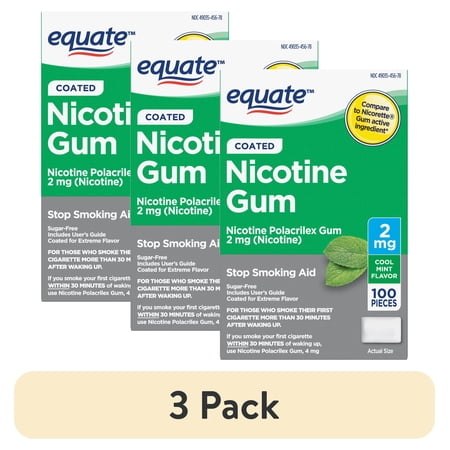 (3 pack) Equate Coated Nicotine Polacrilex Gum 2 mg, Mint Flavor, Stop Smoking Aid, 100 Count, Compare to Nicorette® Gum Active Ingredient