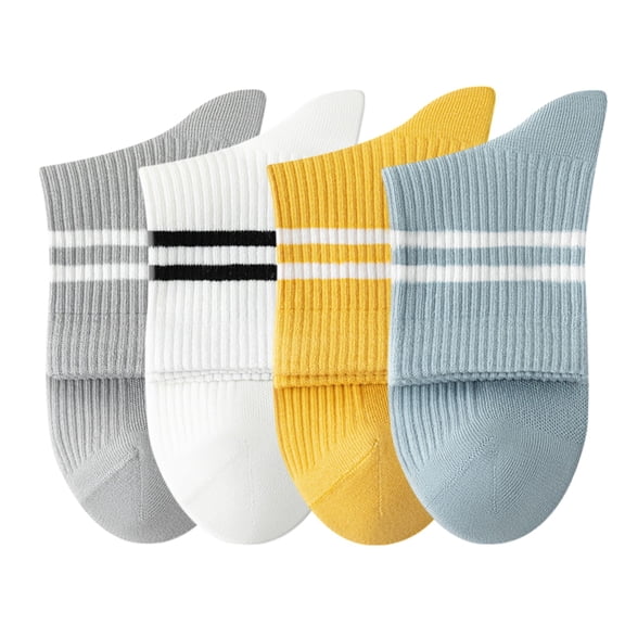 Womens Athletic Crew Socks 4-Pack Ribbed Knit Design Contrast Double Stripe Stretch Comfort Everyday Fit - 4 pcs-E