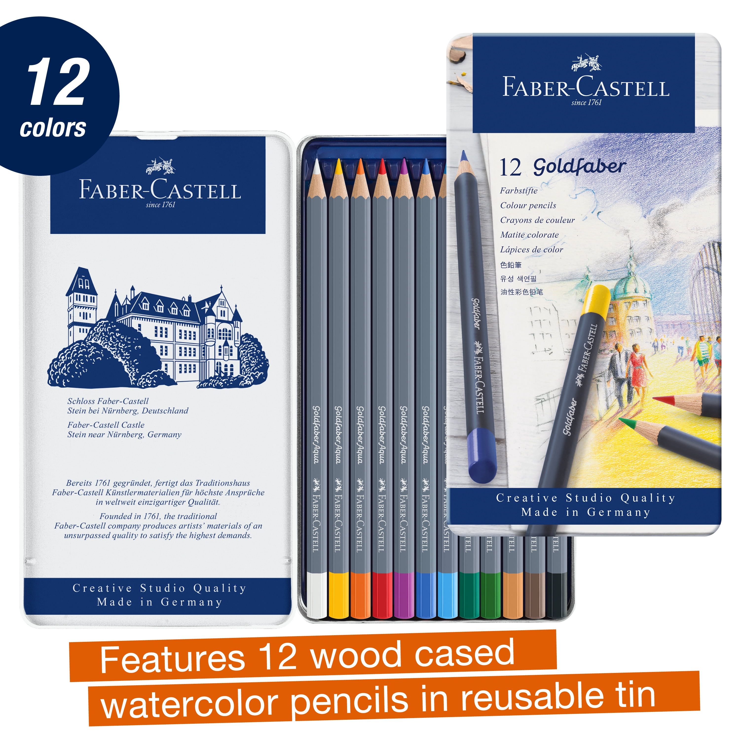 Faber-Castell Goldfaber Aqua Watercolor Pencils - Tin of 12 Colors, Pre-Sharpened Water Colored Pencils