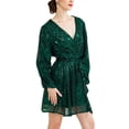 thumbnail image 4 of INSPIRE CHIC Glitter Sequin Dress for Women's V Neck Long Sleeve Tie Waist A-Line Mini Party Club Dresses Dark Green L, 4 of 5