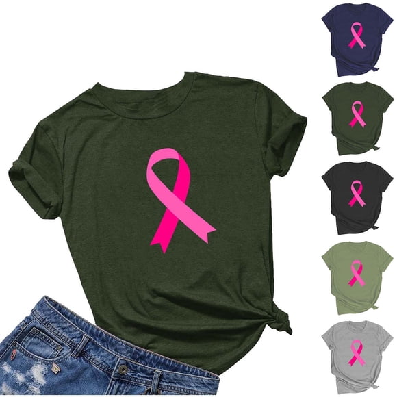 CFLVAEK T-Shirts de Sensibilisation au Cancer du Sein pour Femmes Grande Taille, Imprimé Ruban, T-Shirt à Manches Courtes Inspirant, Confort, Col Ras du Cou, Hauts, Cadeaux pour Survivantes du Cancer du Sein, T-Shirt L