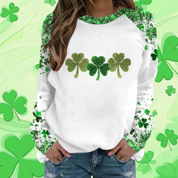 Vekome St Patricks Day Cute Long Sleeve Tops for Women Plus Size Green Shirts Loose Crewneck Holiday Irish Themed Tee Shirts Color Block Holiday Pullover Tops