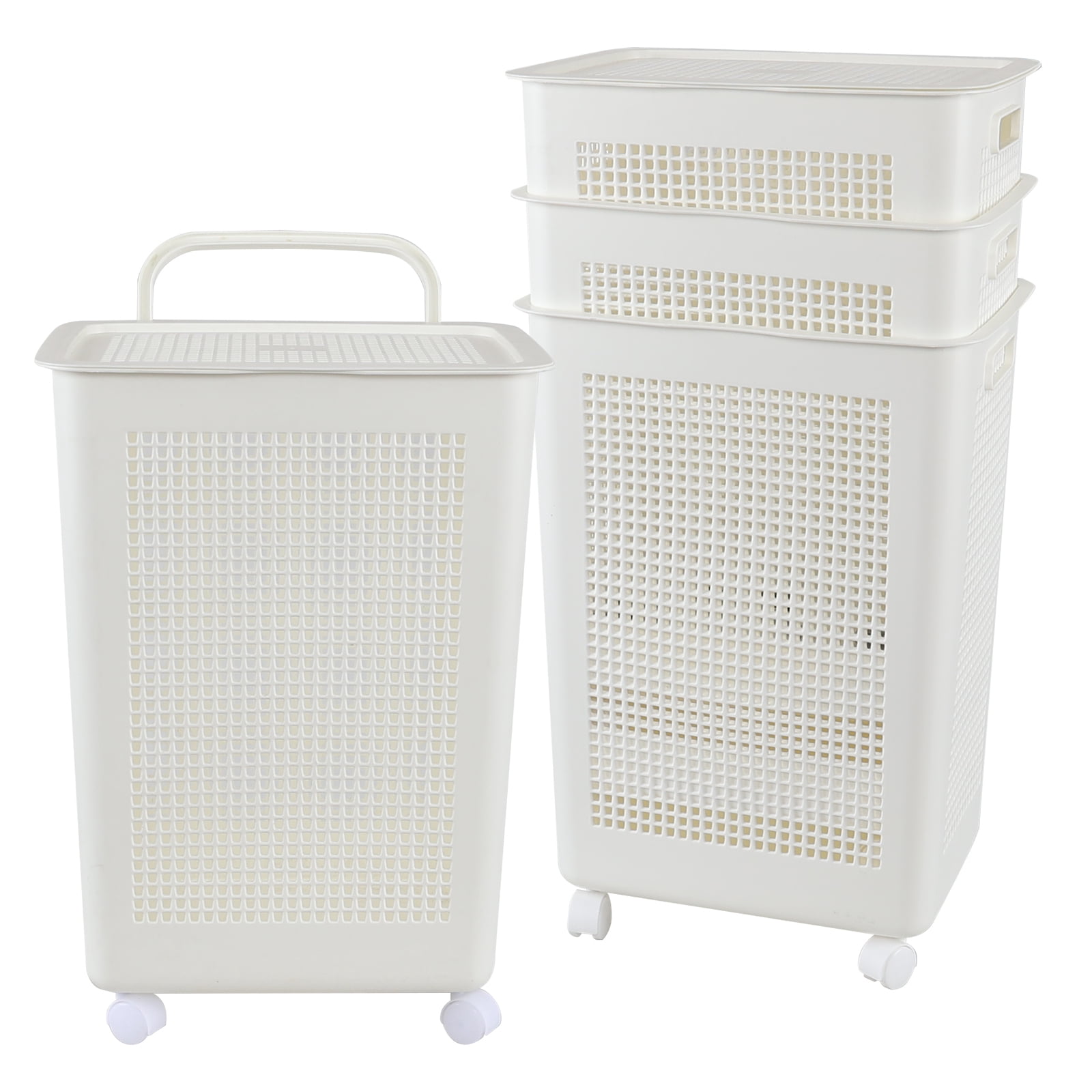 Ewingger 4 Pack 58 L Laundry Basket with Lid and Wheels, Large Plastic Dirty Clothes Hamper, White