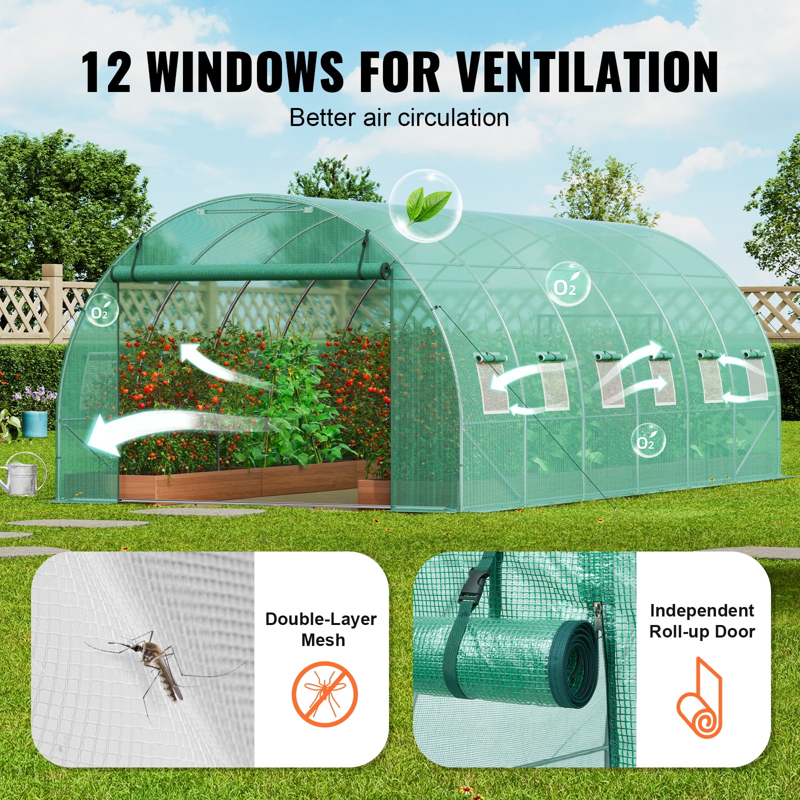KFFKFF Walk-in Tunnel Greenhouse, 19.4x9.7x6.5 ft Hoop House with Galvanized Steel Frame, Green PE Cover, Roll-up Zipper Door, and 12 Ventilation Windows for Outdoor Gardening