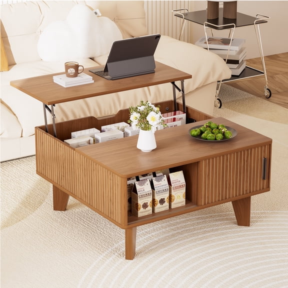 Square Coffee Table with Storage, 29.7" Lift Top Coffee Table for Living Room, Modern Wood Fluted Center Table with Sliding Tambour Door, Walnut