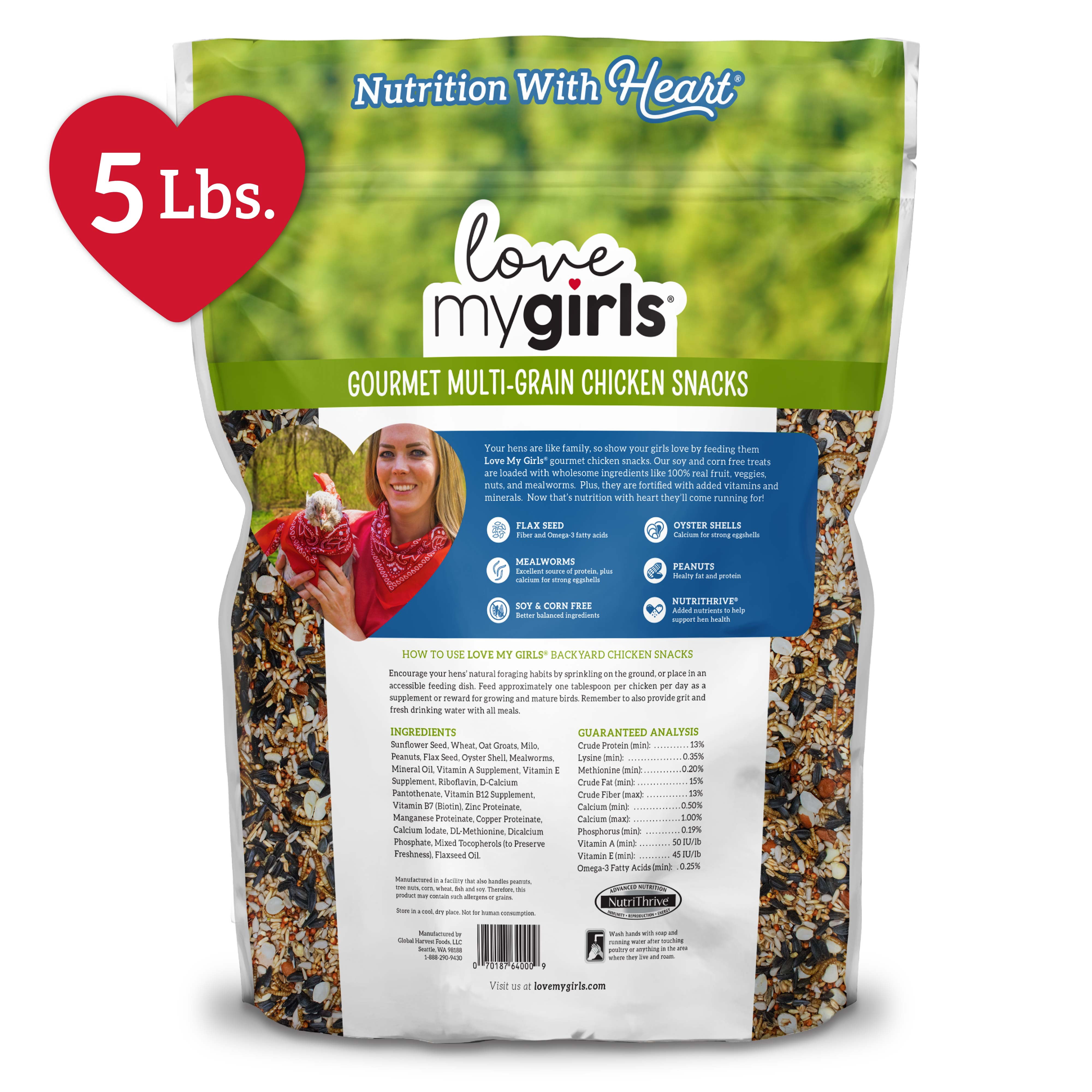 (2 pack) Love My Girls Flax & Worms Gourmet Multi-Grain Chicken Treats, 5 lb. Bag, 1-Pack