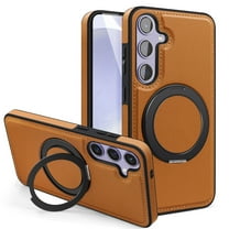 Magnetic Ring Stand Case for Samsung Galaxy S25, with 360°Rotatable Ring Holder, Compatible with Mag-Safe, Business PU Leather Slim Shockproof Cover for Samsung Galaxy S25, Brown