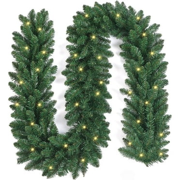 9FT Pre-Lit Artificial Christmas Garland, Battery Operated Garland with 50 LED Lights and Timer, Realistic Classic Evergreen Pine Spruce for Stair Railing Indoor Outdoor