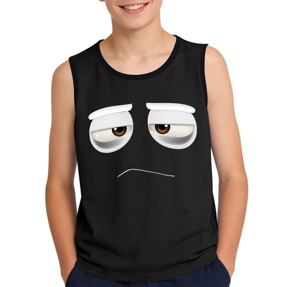 Boys Tank Top with Funny Bored Face Print Black Soft Polyester Spandex Sleeveless Shirt for Kids Sizes 3-15 Years,Size 8 T