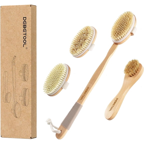 Dry Brushing Body Brush - Natural Boar Bristle Body Brush Set with Face Brush, Wooden Long Handle Scrub Body Brush for Cellulite Treatment, Lymphatic Drainage, Detachable, 3 Brush Heads