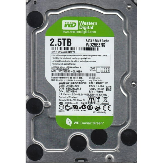 WD25EZRS-00J99B0, DCM HBRCHV2AAB, Western Digital 2.5TB SATA 3.5 Hard Drive