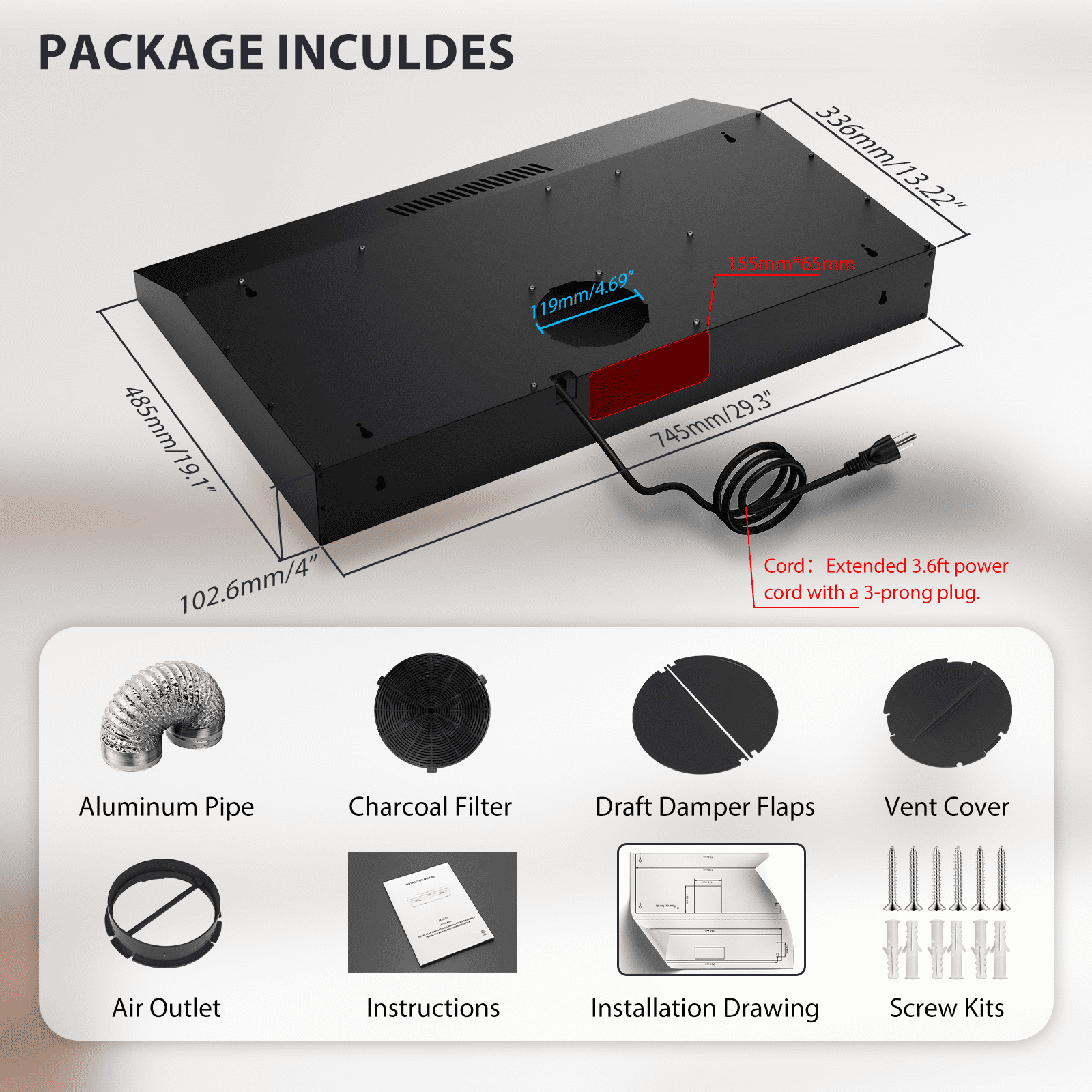 TYEMUI 30 Inch Under Cabinet Plug-in Range Hood, Extractor de Cocina para la Estufa,Kitchens Range Hood 30 inch,Ductless Vent Hood with Touch Control and LED Lights