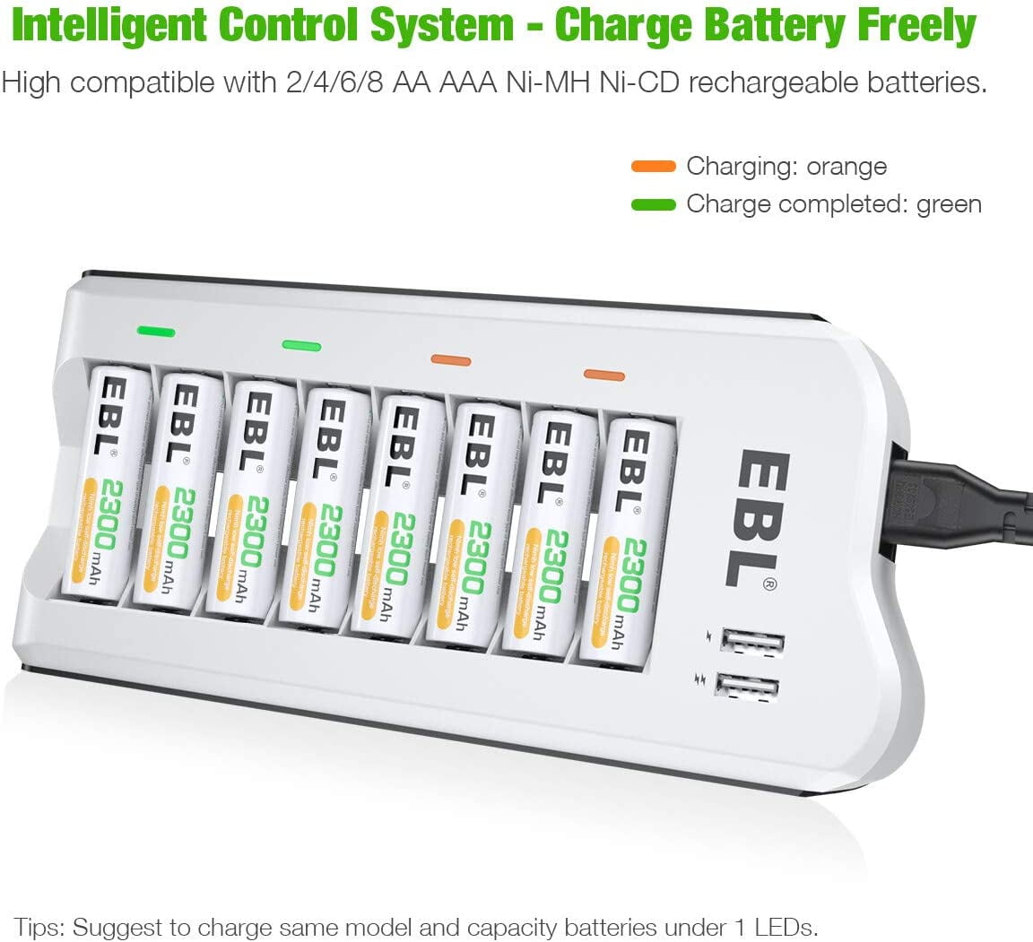 EBL 2300mAh Ni-MH AA Rechargeable Batteries (12 Pack) and 808U Rechargeable AA AAA Battery Charger with 2 USB Charging Ports