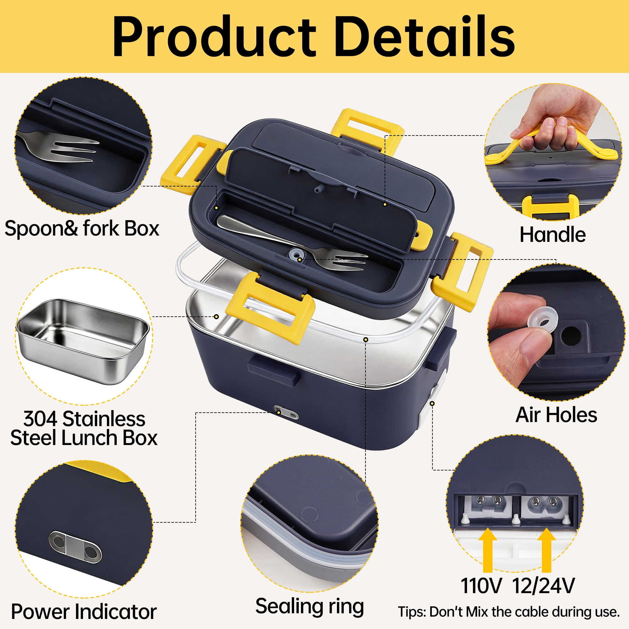 Electric Lunch Box Food Heater, 1.8L Portable Heated Lunch Box for Adults, 75W Fast Heating Food Warmer, 12V/24V/110-230V for Car Truck Office Travel (Blue)