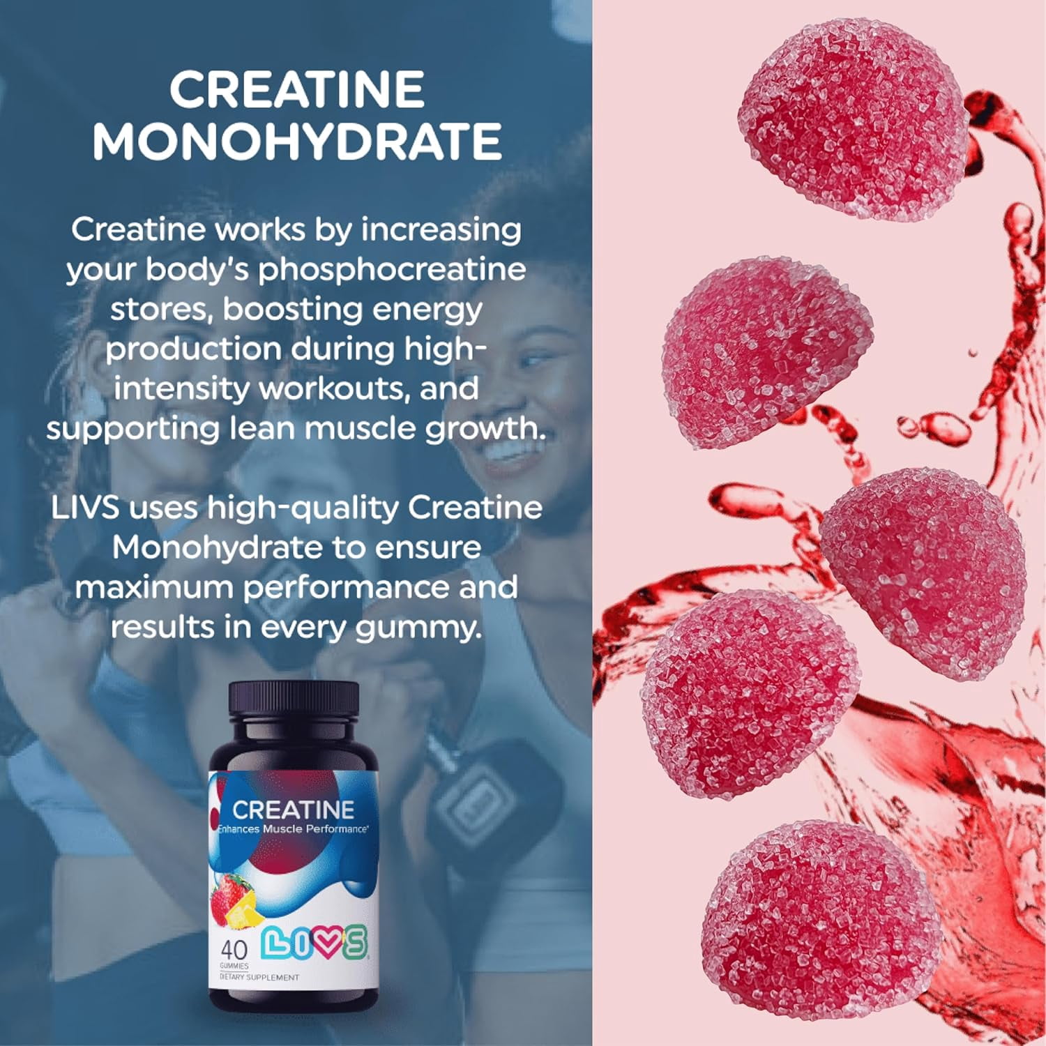 LIVS Creatine Monohydrate Gummies – Pre Workout Creatine for Women & Men | Tasty Gummy Vitamins for Energy, Strength & Muscle | Sugar Free, Gluten Free, Vegan Creatine Supplement for Gym – 80 Count