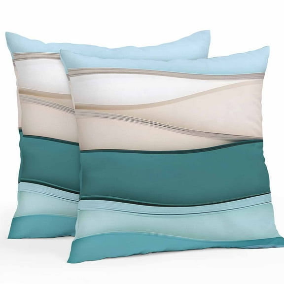 Waterproof Throw Pillow Covers Set of 2, 24x24 Inch Teal Beige Ombre Decorative Pillowcases Outdoor Pillow Slip Cushion Covers Set for Couch Tent Waves Abstract Art Moire