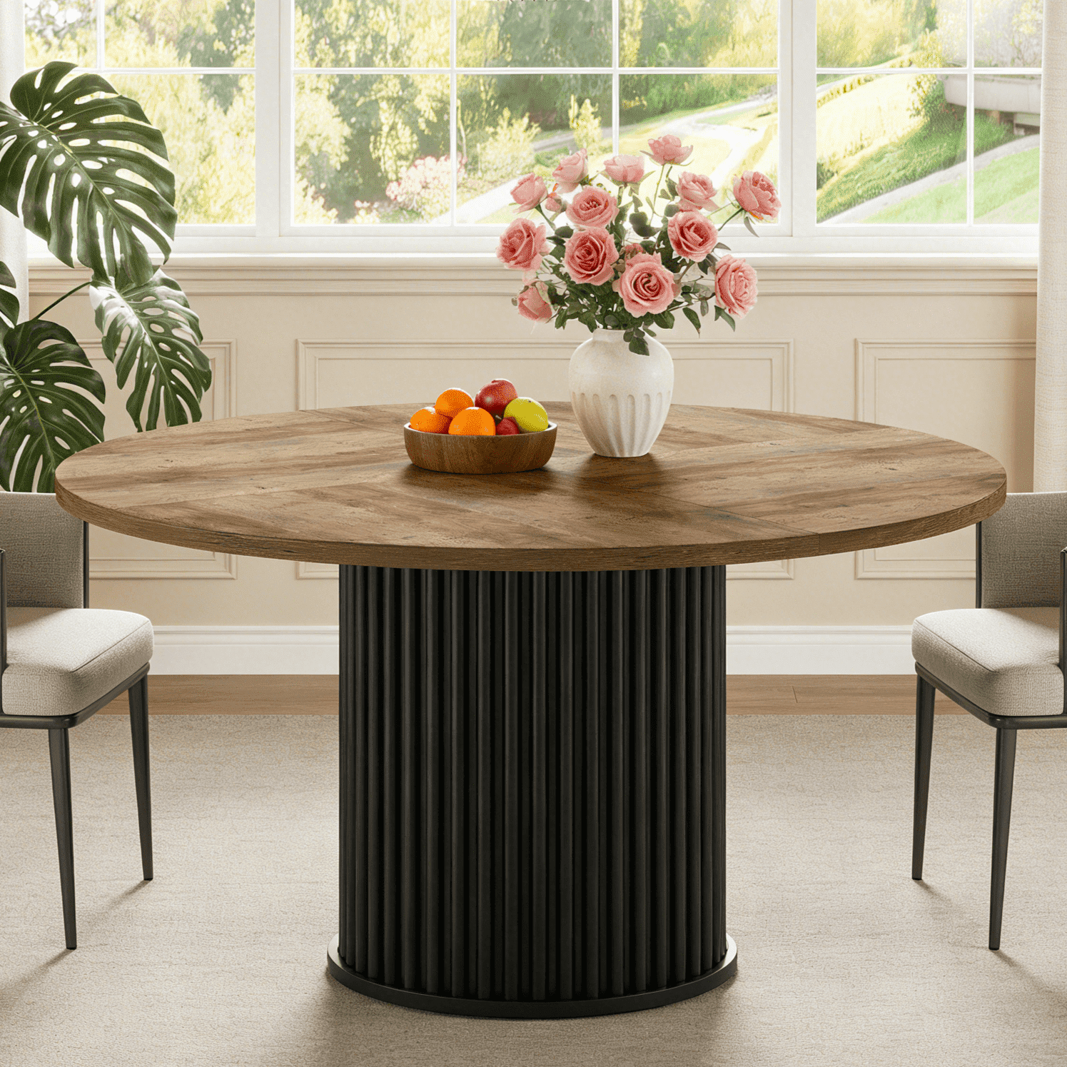 Fnova 47.24" Round Dining Table, Wood Coffee Table for 4 People, Modern Farmhouse Kitchen Table for Dining Room (Chairs Not Included)