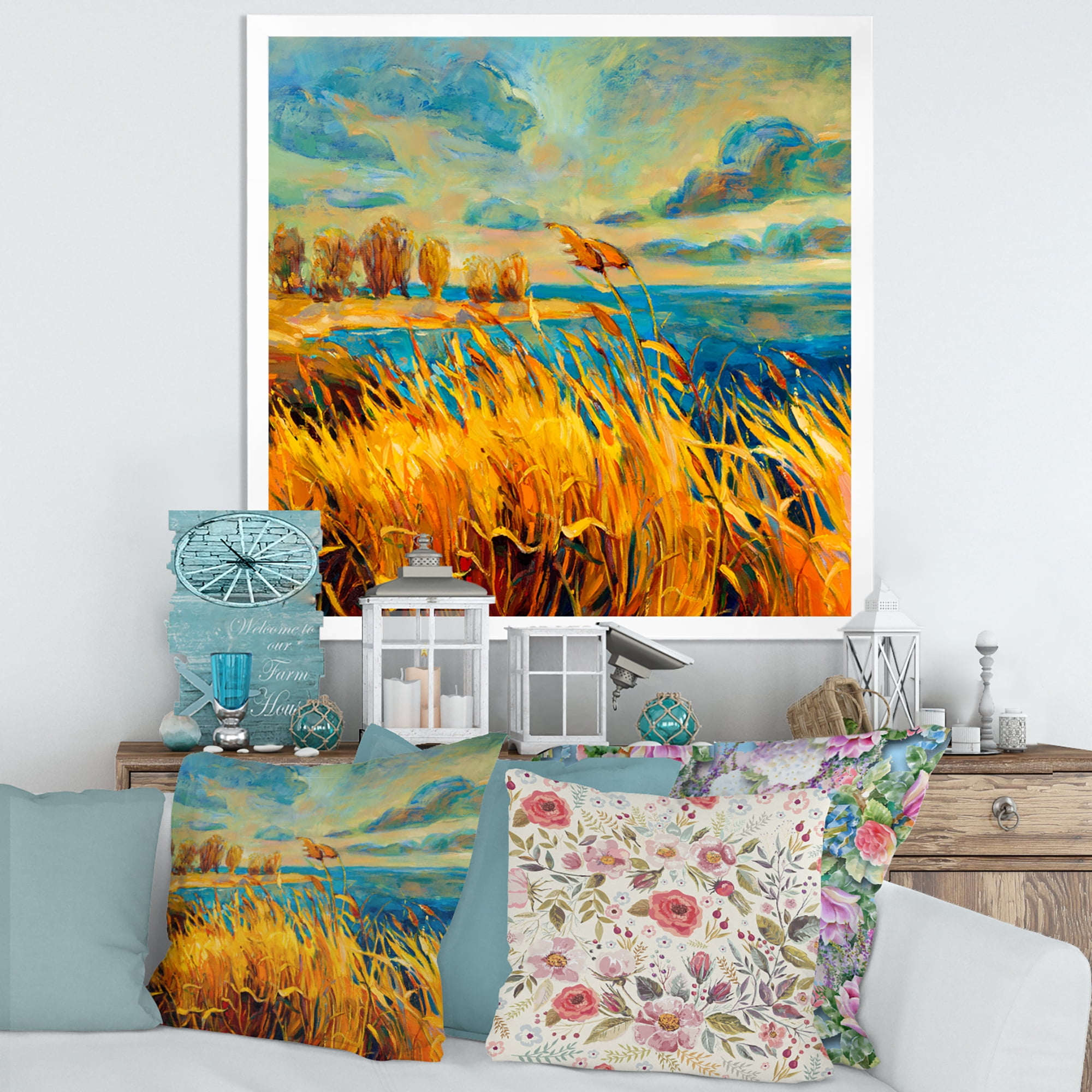 Designart 'Sunset Over Vibrant Lake' Nautical & Coastal Framed Art Print
