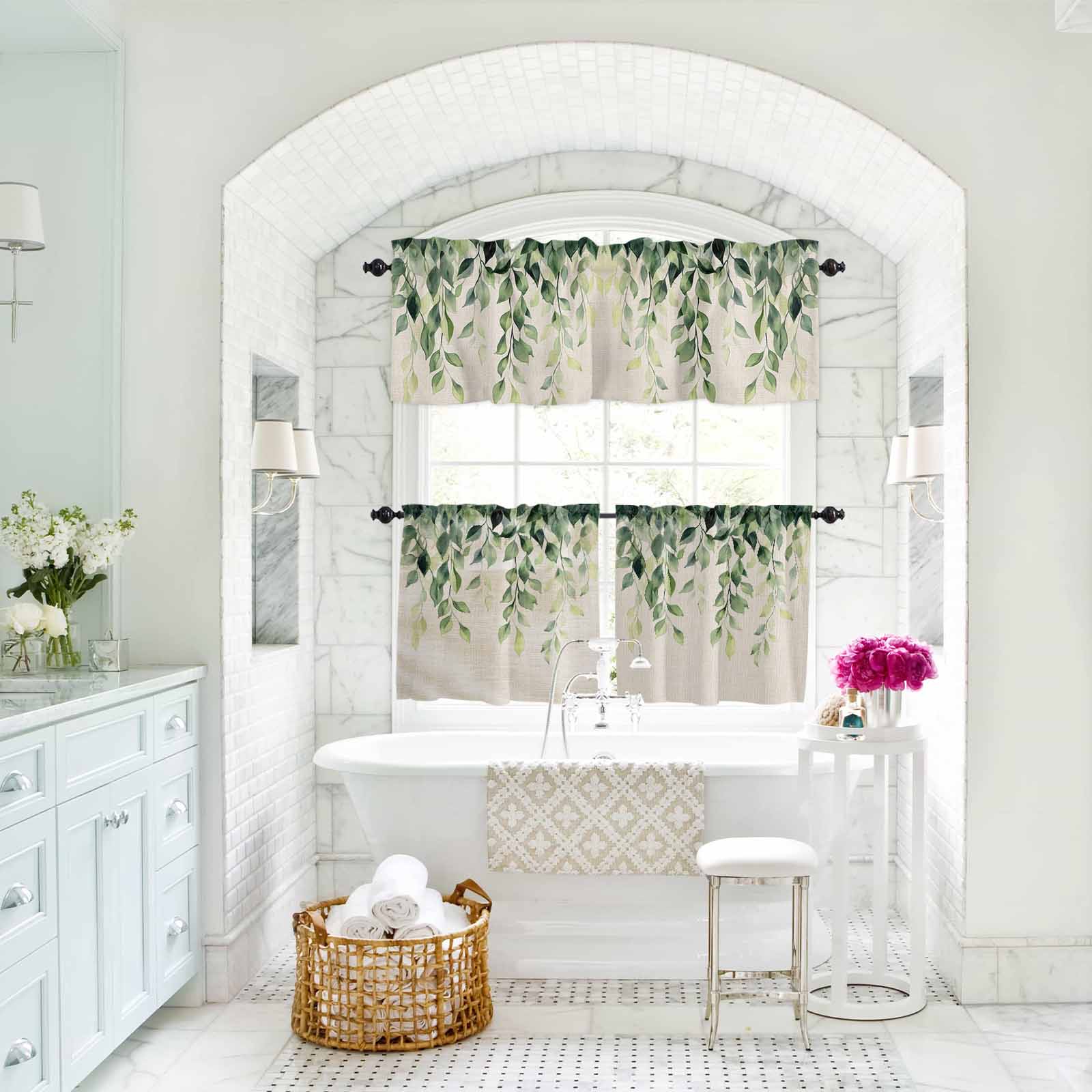 Rustic Leaf Kitchen Curtains Valances and Tiers Set of 3 Watercolor Sage Green Eucalyptus Leaves Linen Texture Tier Curtains and Valance for Kitchen Bathroom Small Windows 27.5"W x 36"L (Pack of 3)