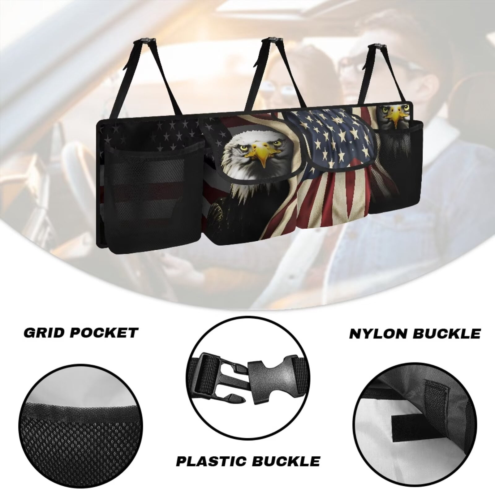 KUIFORTI Bald Eagle Car Trunk Organizer for SUV Trunk Organizers and Storage Keep the Car Clean and Tidy, USA Flag Car Accessories Space-Saving Backseat Car Organizer with Adjustable Straps