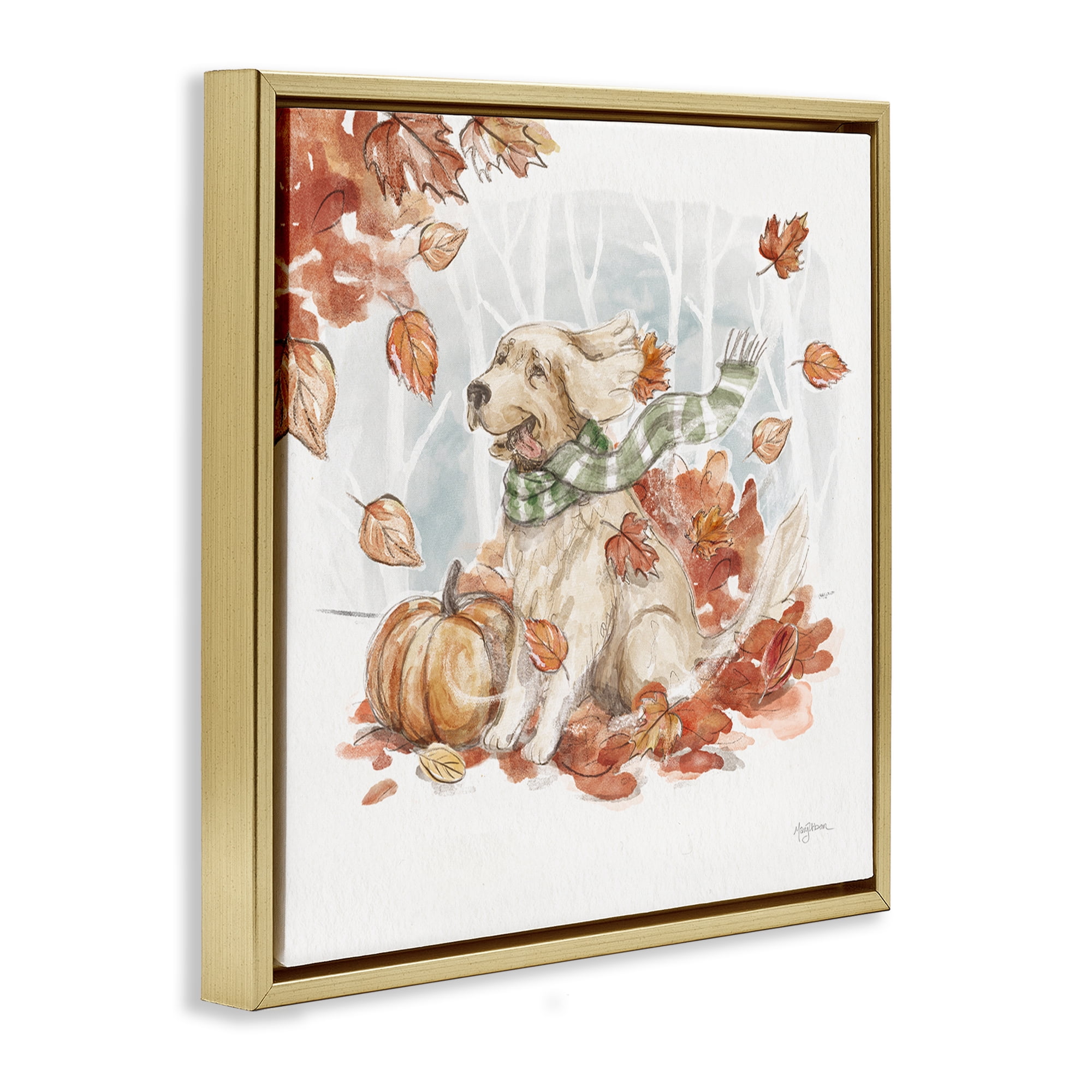 Stupell Industries Happy Autumn Labrador Holiday Painting Gold Floater Framed Canvas Art Prints Wall Art, 25 x 25