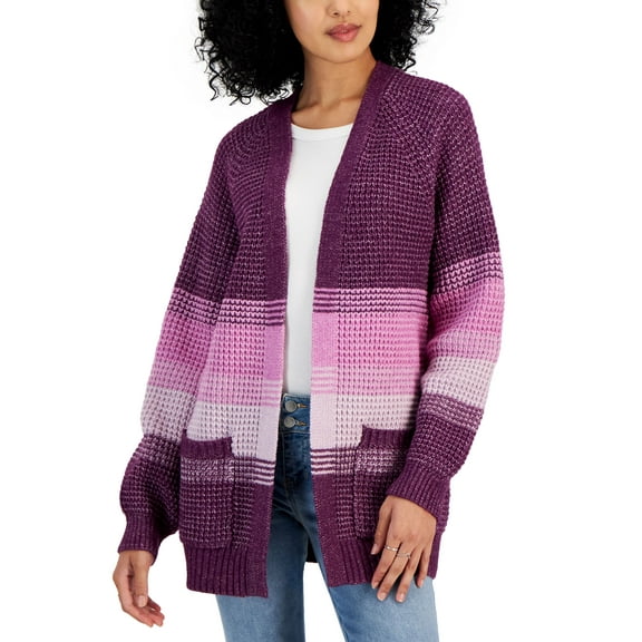 Juniors' Ombré Striped Waffle-Knit Long Cardigan  Berry Stripe Combo XS
