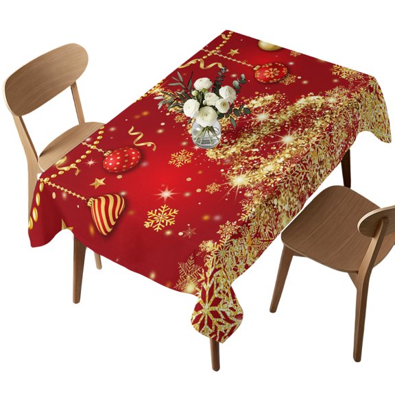 Waterproof Tablecloth Merry Christmas Tree Gold Rectangle Table Cloth 52x70in,Wipeable Washable Table Cover Xmas Bell Star Red Tablecloths for Dining Tables Kitchen Picnic Camping Outdoor Party