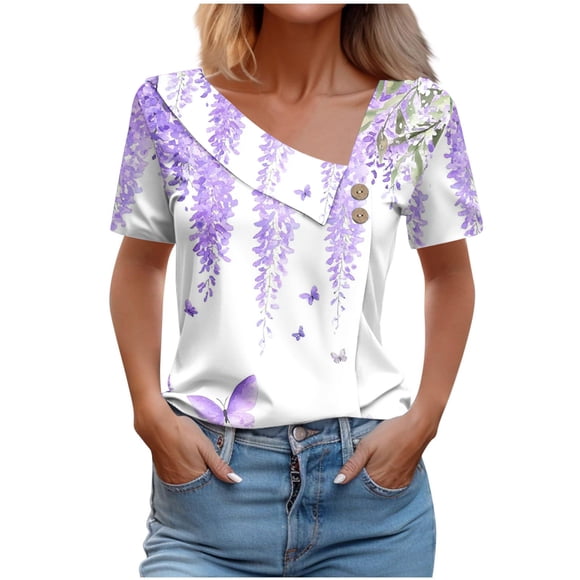 Tnhcen " Blouses Élégantes pour Femmes à Col en V Asymétrique Imprimé avec Boutons / Hauts à Manches Courtes P-3TG / Essentiels de Mode Décontractée d'Été"