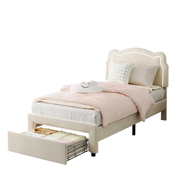 Towallmark Pink Velvet Upholstered Twin Size Bed Frame, Adjustable Bear-Shaped Headboard with RGB LED Lights, Noise Free Platform Bed Frame, with drawer