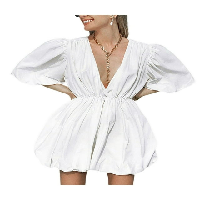 Women‘s Summer Deep V Neck Ruffle Sleeve Mini Dress Fashion Casual A Line Wild Loose Swing Sundress