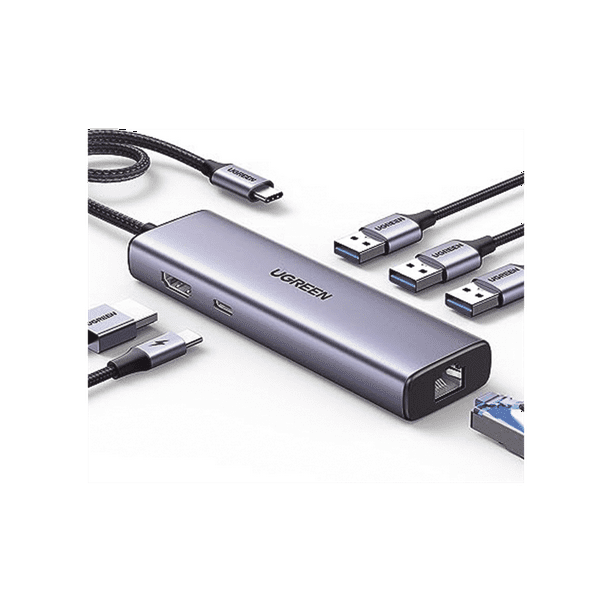HUB USB-C UGREEN Docking Revodok 6 en 1 3 Puertos USB-A 3.0 5 Gbps USB-C PD 100W HDMI 4K@30Hz Entrada 1 RJ45 Gigabit Ethernet