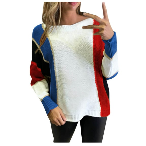 Womens Sweater Casual Long Sleeve Color Block Crewneck Knit Pullover Fall Outfits Clothes,Blue,L