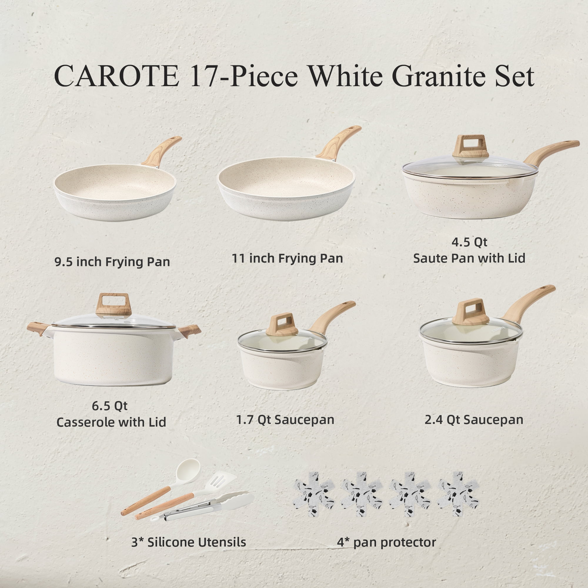Carote Nonstick Pots and Pans Set, 17 Pcs Granite Stone Kitchen