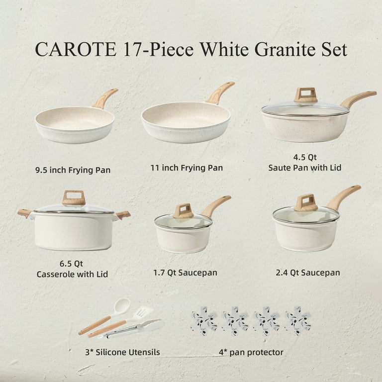 CAROTE Pots and Pans Set Nonstick, White Granite Induction Kitchen Cookware  Sets
