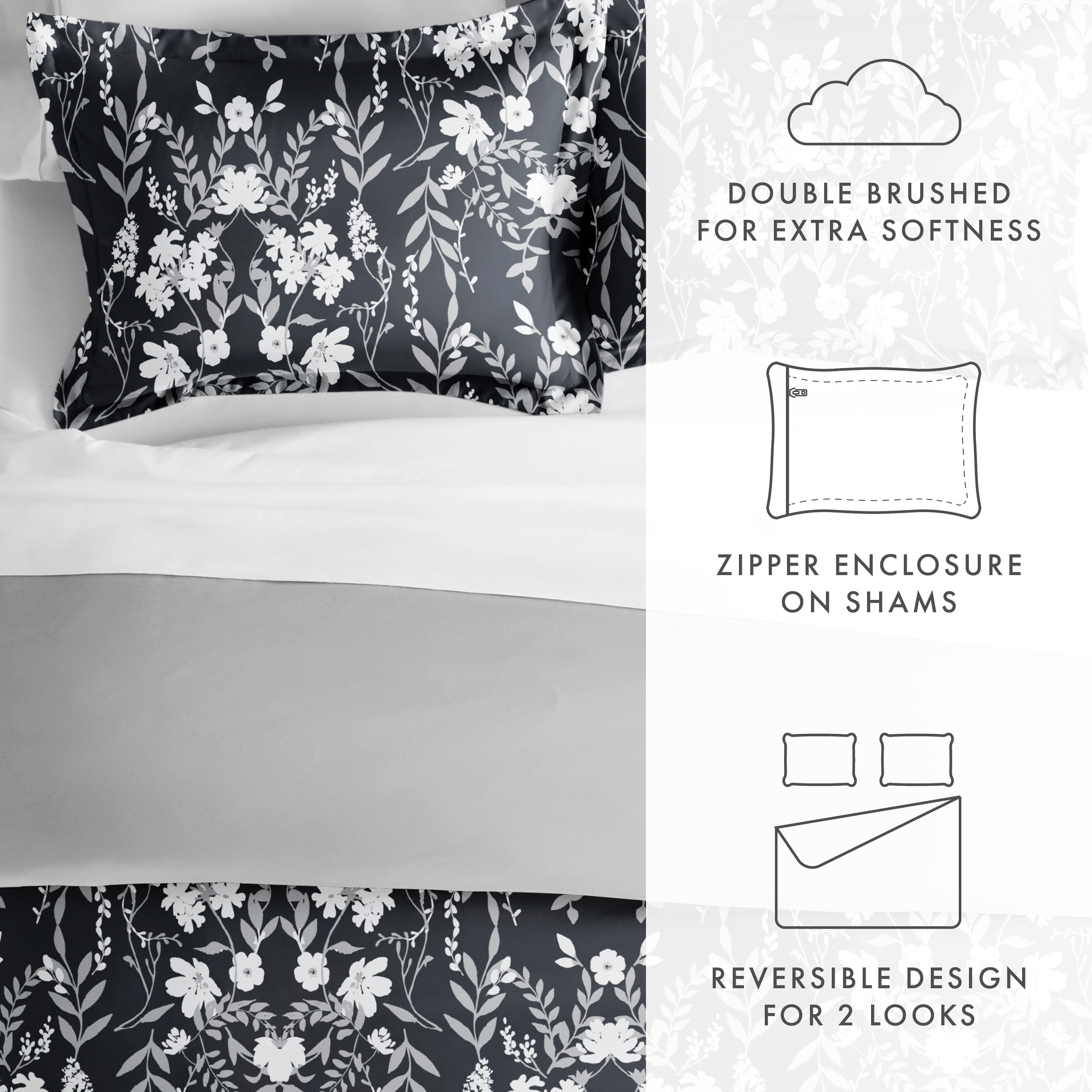 Noble Linens Black Reversible Secret Garden Print 2-Piece Duvet Cover Set, Twin/TwinXL
