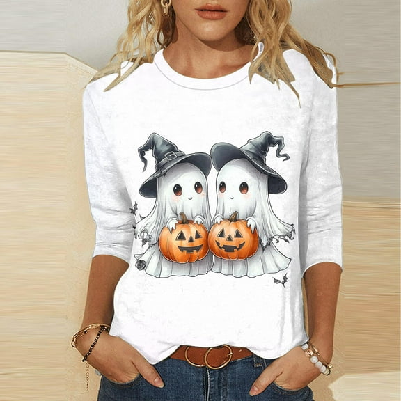 Fznquz White 3/4 Sleeve T Shirts for Women Ghost Pumpkin T Shirt Casual Crewneck Graphic Halloween Womens Winter Clothes,XXXL