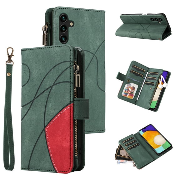 Multifunctional Case for Samsung A54 5G,[RFID Blocking] 9 Credit Cards Holder with Wrist Strap, Premium PU Leather Zipper Wallet Purse Magnetic Flip Phone Cover for Samsung Galaxy A54 5G, Green