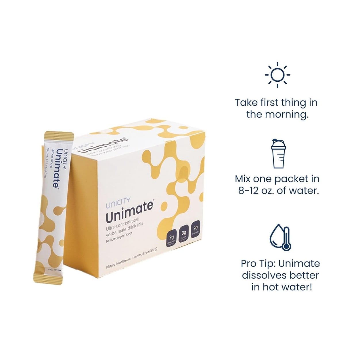 Unicity Unimate Ginger Drink Mix 2 Box Pack with Bottle, 60 Sachets Total, Instant Ginger Beverage Powder, Reusable Mixing Bottle Included, Low Calorie Daily Drink Mix for Men & Women