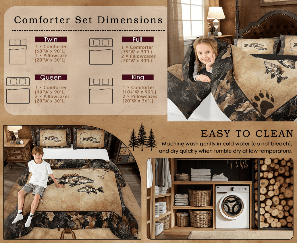 Rustic Bass Fish Comforter Set Queen Country Camo Fishing Bedding Set Woodland Camouflage Lake Fish Fisherman Quilt Comforter Teen Men Retro Farmhouse Cabin Bed Set 3 Pcs