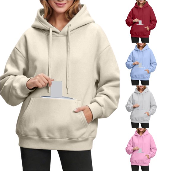 Norvella Womens Hidden Zipper Pocket Hoodies Long Sleeve Hooded Sweatshirt Drawstring Kangaroo Pocket Banded Relaxed Fit Casual Pullover Top