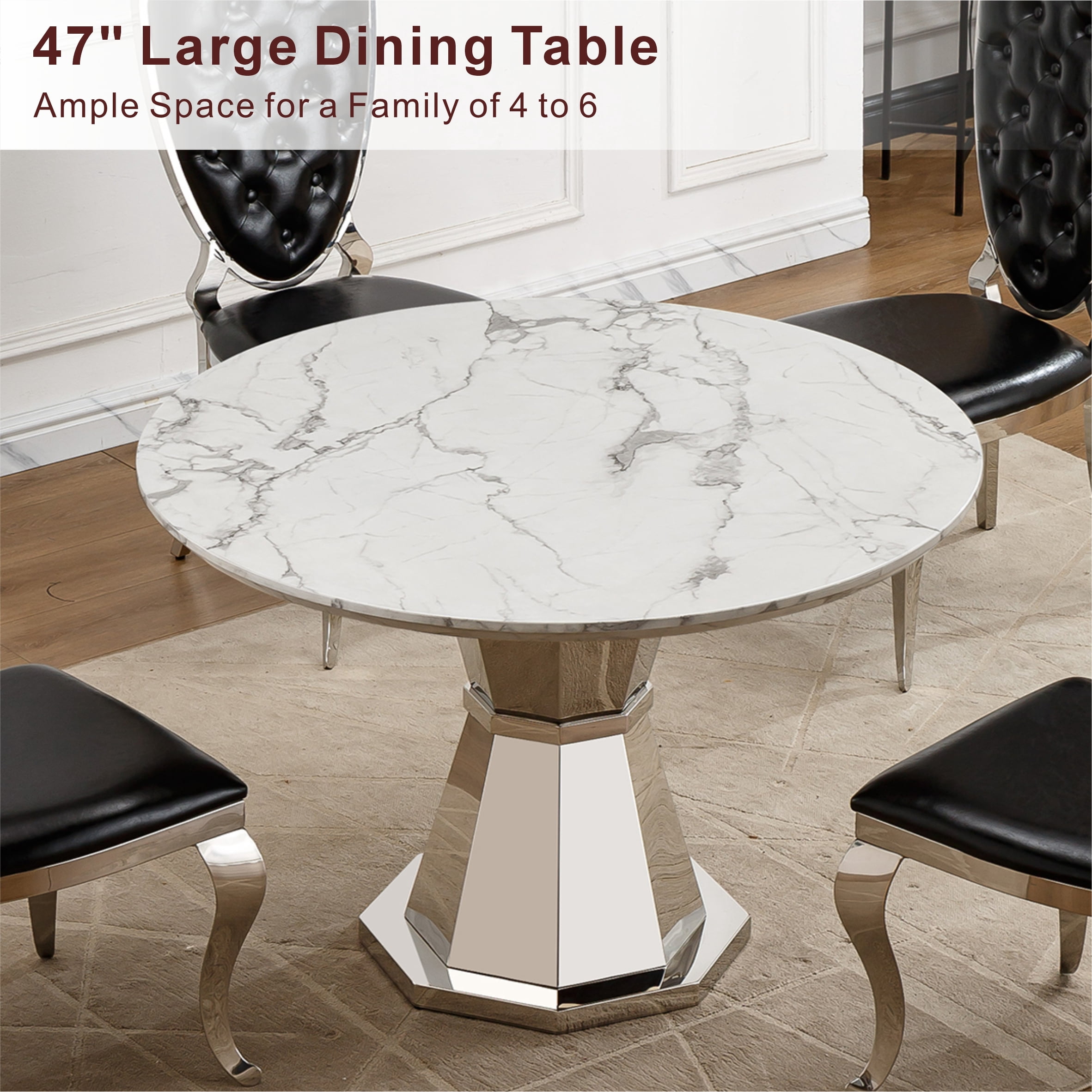 Shikeyi 47" Round Marble Dining Table for 4-6, Luxury Modern Kitchen Table with Marble Grain MDF Tabletop & Silver Mirrored Stainless Steel Pedestal Base for Dining Room, White (Table Only)