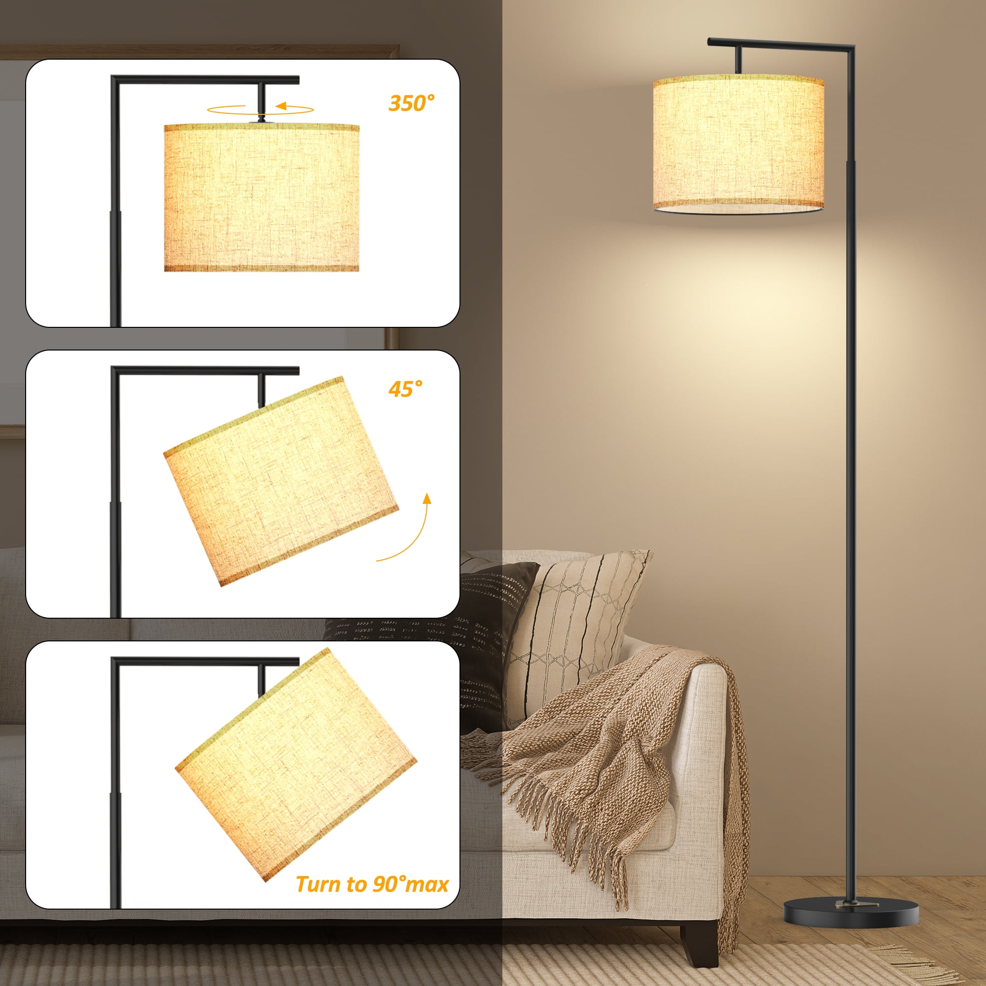JURULU Arc Floor Lamp, Modern Standing Lamp with Remote Control, Including 4 Color Temperature 9W LED Bulbs, 350º Adjustable Linen Lampshade, Ideal for Living Room, Bedroom, Office