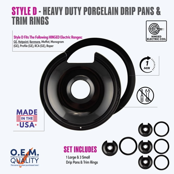 Range Kleen P1056RGE8Z Drip Pan & Trim Ring Black Porcelain, 3 Small & 1 Large each, 8 Pk