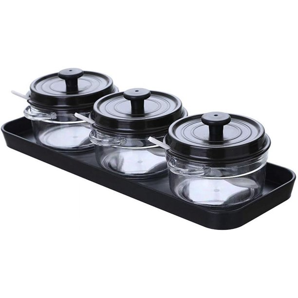 Juego de cocina de tres piezas con bandeja, tarro de condimento sellado a prueba de humedad, salero con tapa de cuchara, caja de condimento, accesorios de cocina negros