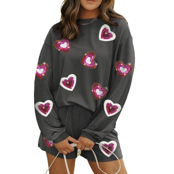 Women's Carbon Grey Valentine Sequin Heart Corded Pullover and Shorts Set | [ZhiHiMeRi] | (US 20-22)2XL