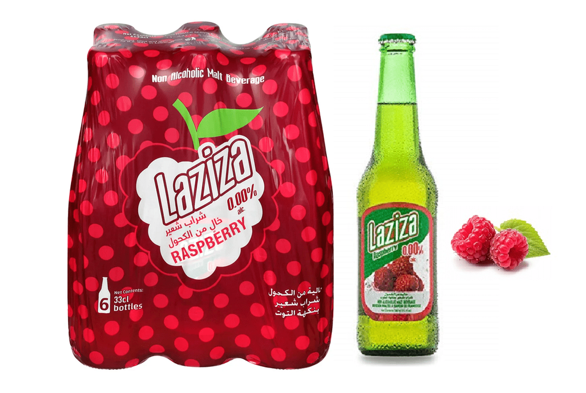 Laziza Raspberry Flavor Malt Beverage, One 6-Pack 11 fl. oz. (330ml) Glass Bottles