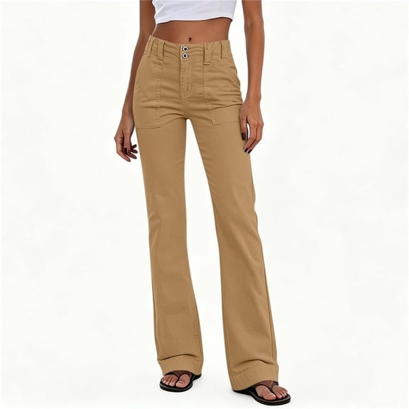 Karymi Women's Shorts Solid Double Button High Waist Micro Flare Pants, Front Patch Pocket Stretch Long Trousers, Casual Daily Cargo Bootcut Pants Jeans for Women