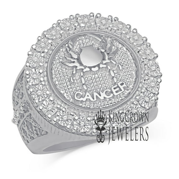 Mens Real Genuine Diamonds Cancer Crab Zodiac Sign Astrology Horoscope Ring 10K White Gold Finish Pinky Band 25mm