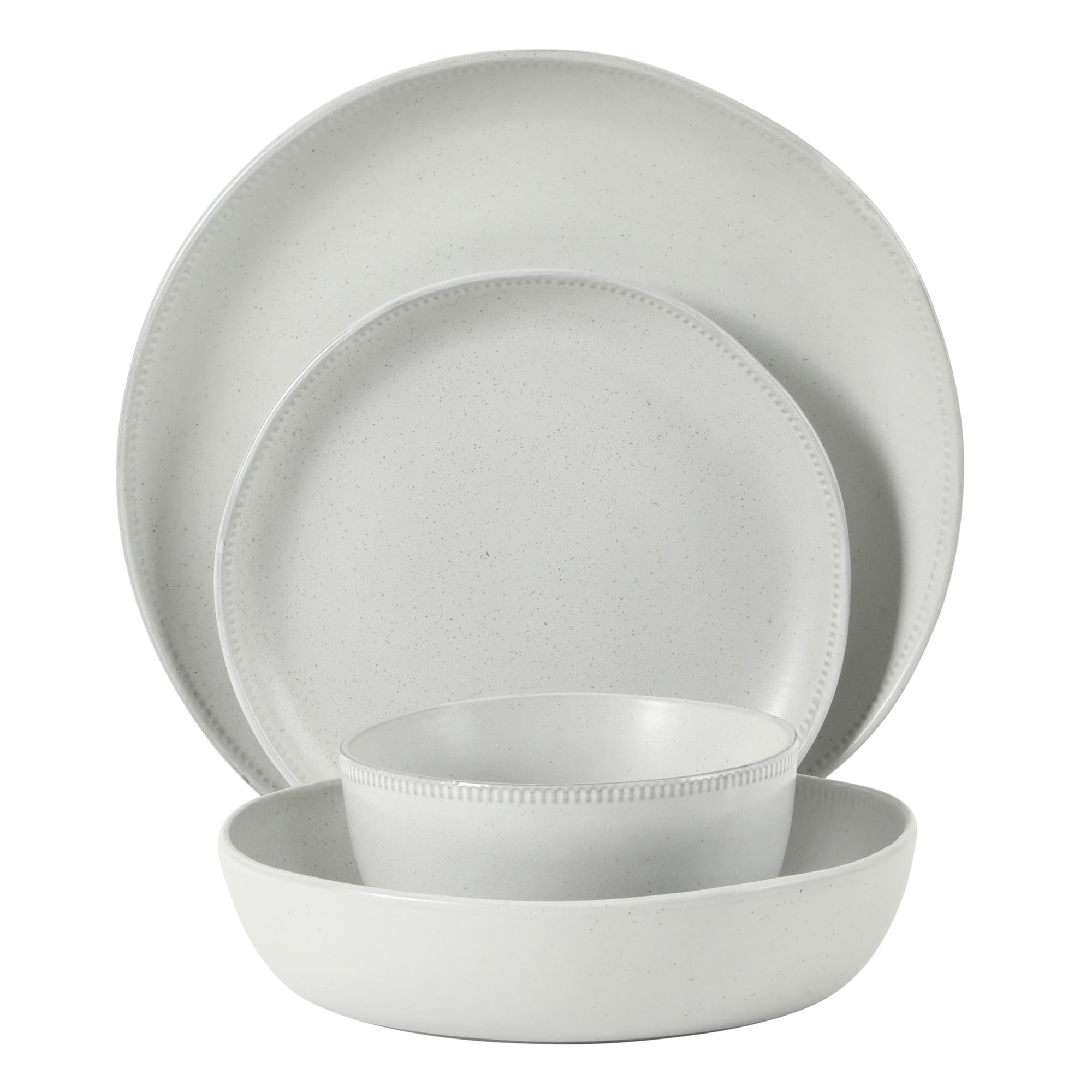 Gibson Elite Menlo Park 16-Piece Pottery Clay Stoneware Dinnerware Set – White Reactive Glaze, Embossed Plates and Bowls W/ Pasta Bowl, Service for 4 – Microwave & Dishwasher Safe