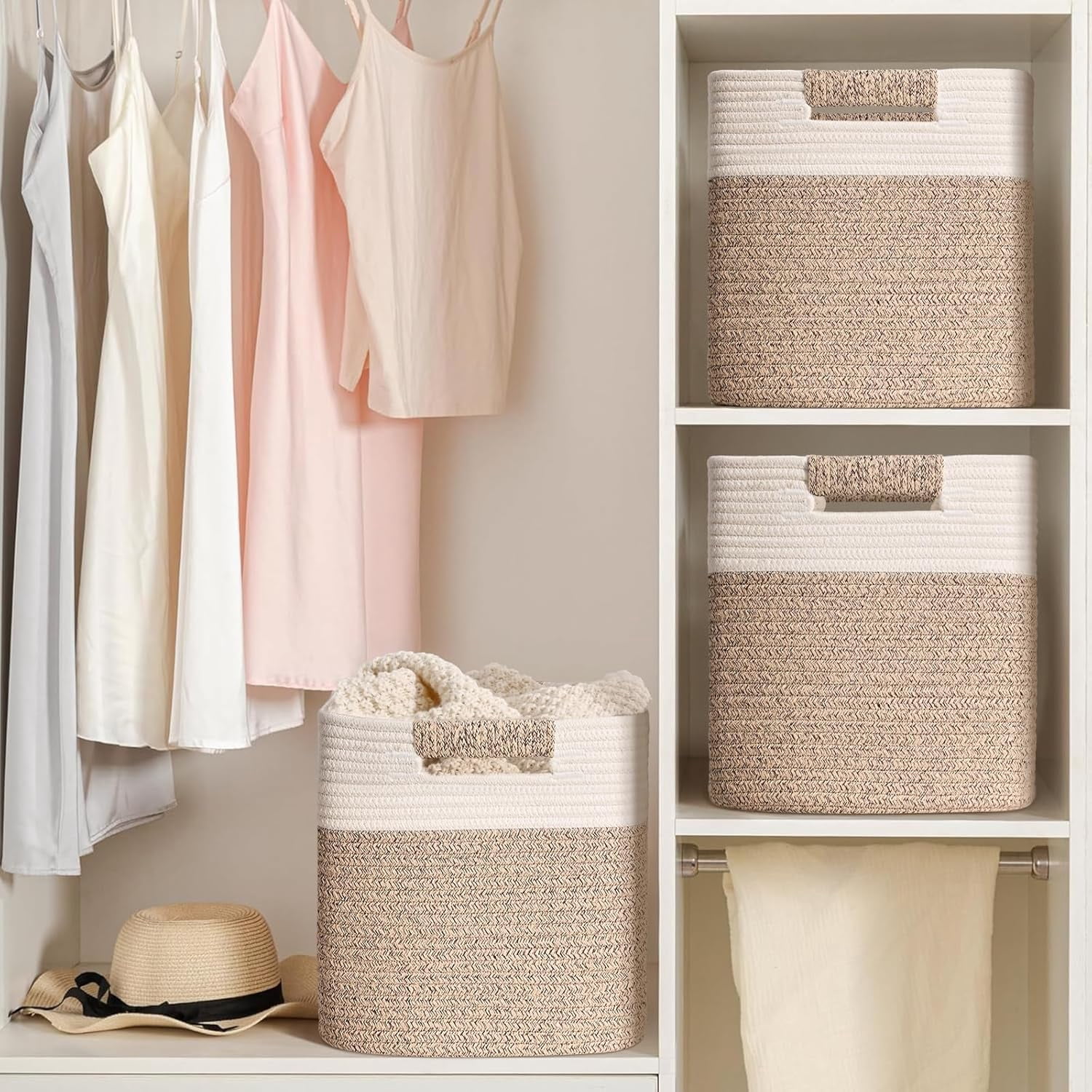 Natubeau 3 Pack Woven Storage Basket for Shelves, Cube Storage Bins, Cotton Rope Woven Baskets for Organizing, 11 Inch, White & Jute
